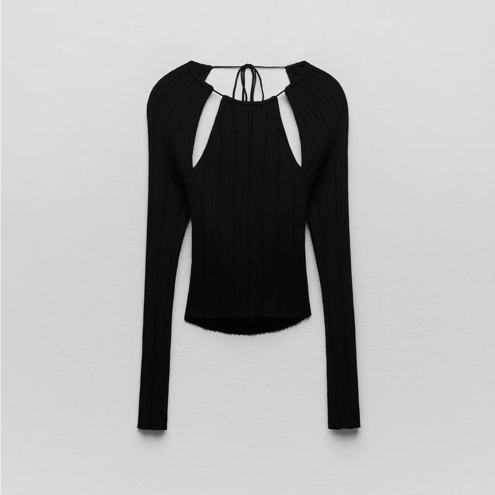 Zara Black Ribbed Cut Out Long Sleeve Blouse